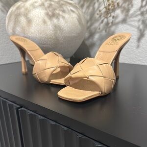 Vince Camuto Tan High-Heeled Mules with Woven Design